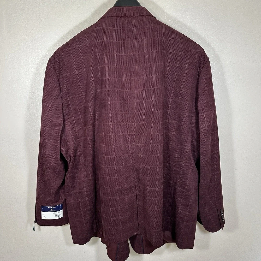 Stafford Mens 60 Long Sport Coat Burgundy Windowpane Cotton Big & Tall Blazer